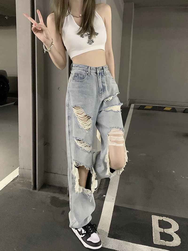 Calça jeans rasgada de cintura alta feminina, de perna reta larga, jeans  mendigo, calça de rua, justa, moda Y2K, verão - AliExpress