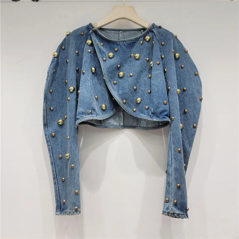 

Vintage Blue Slim Short Denim Jacket Women Round Neck Irregular Single Button Puff Sleeve Jeans Jacket Spring New Chaqueta Mujer