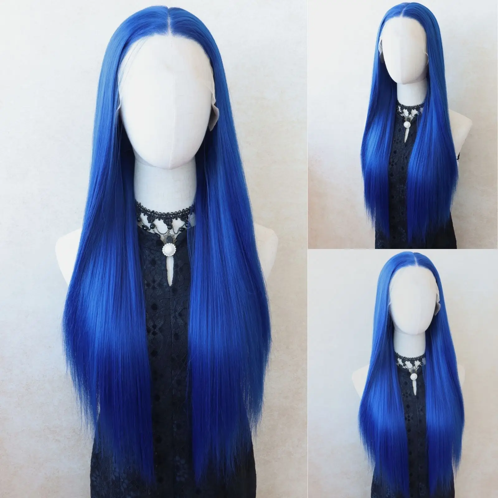 Dark Blue Straight 13x4 Lace Front Wig Long Straight Blue Lace Front Synthetic Wigs Pre-Plucked Natural Hairline Wig (24Inch)