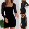 Elegant Pleated Wrap Mini Dress Women's Square Neck Bodycon Long Sleeve Zip Up Dresses Female Casual Club Party Sexy Dress 1