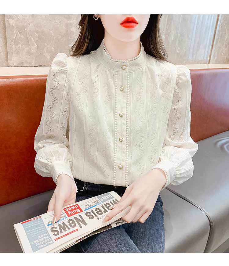 Neue 2025, Frühling Frauen Shirts & Blusen Aushöhlen Spitze Bluse Langarm Weiß Koreanische Tops Perlen Elegante Frauen Kleidung – Detail 8