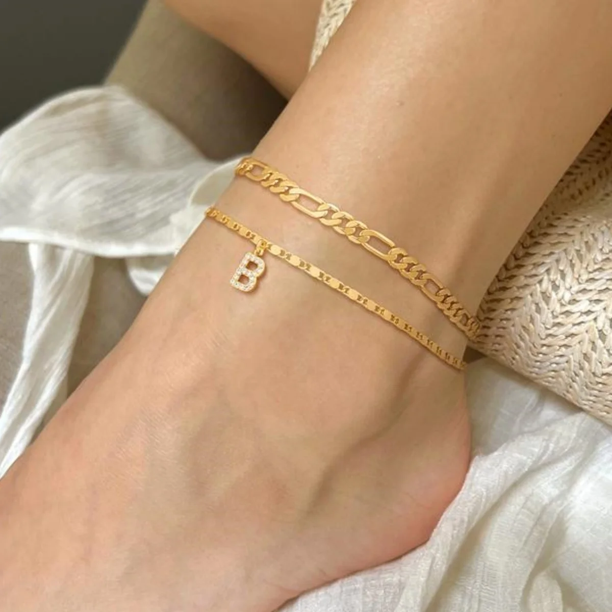 Eleagnt Double Layered Alphabetical 26 Letter A-Z Anklet for Women Dainty Chain Initial Zircon Pendant Anklets Jewelry Gifts