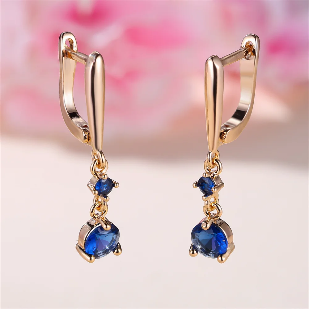 Blue Crystal Small Round Stone Pendant Hoop Earrings For Women Vintage Gold Color Ear Buckle Wedding Jewelry Engagement Gifts