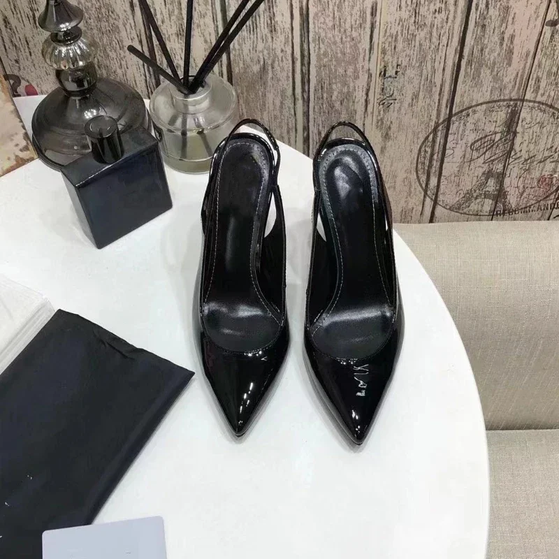 2024 Summer New European and American Women High Heel Sandals Black Patent Leather Sexy Letter High Heel Shoes