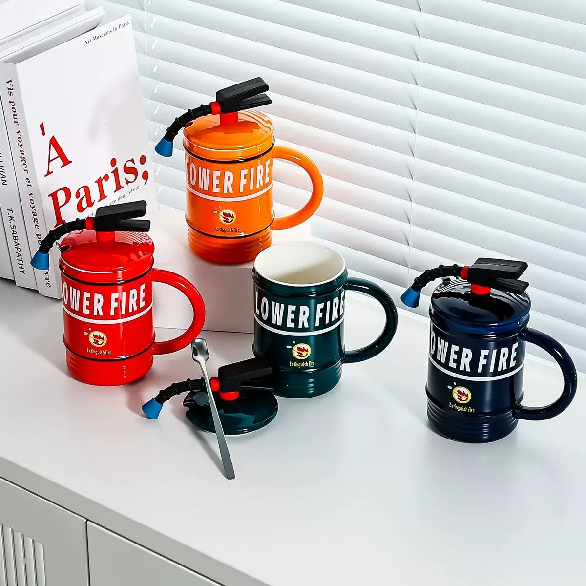 Coffee Mug Creative Ceramic Fire Extinguisher Shape Personality Water Bottle Home Office Coffee Mug with Lid Spoon Fireman Perfect Gift