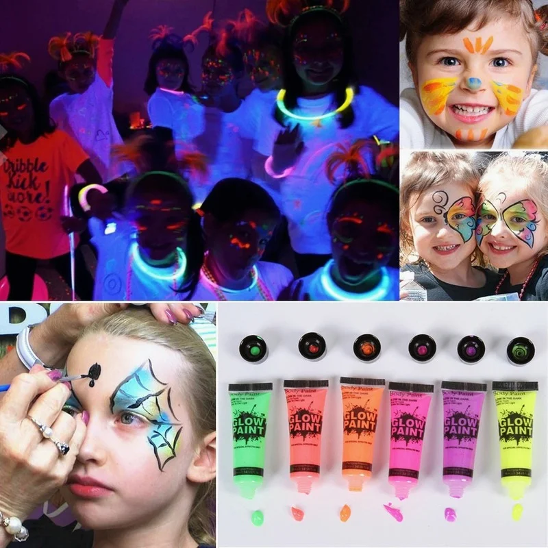 Body Face Paint Face Body Paint 7 Colors luminiscent paint Face Body Art Paint UV Glow Fluorescent Glowing Halloween Party Fancy Dress Beauty Makeup Dark Paint