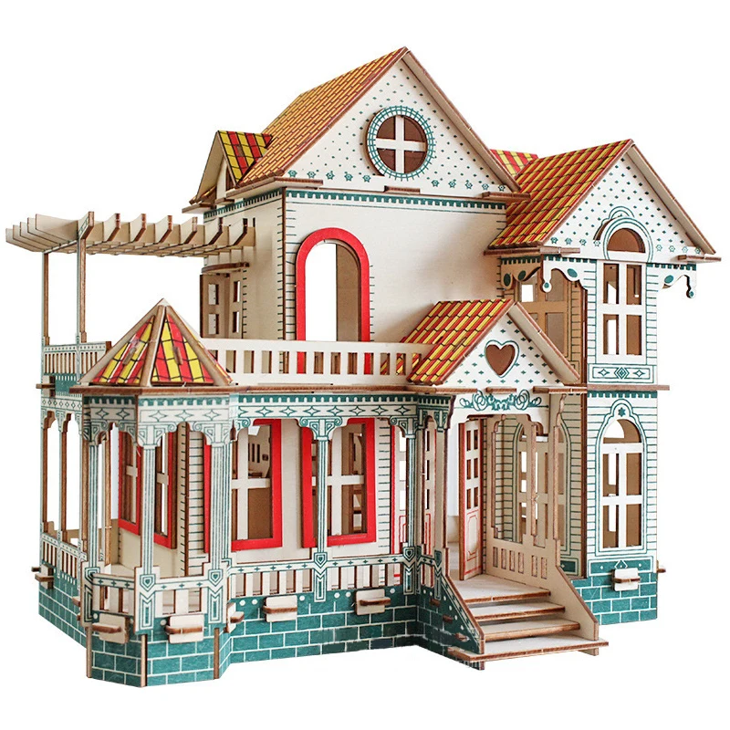 

Hawaii Villa 3D Wooden Puzzle Jigsaw Building Miniature Doll House Model DIY Assembly Kit Toys For Children Girls