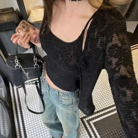 All-match Black Lace V-neck Cardigan Jacket for Women+ Y2k Sexy Slim Fit Camisole Vest 2025 Autumn New Two Piece Sets