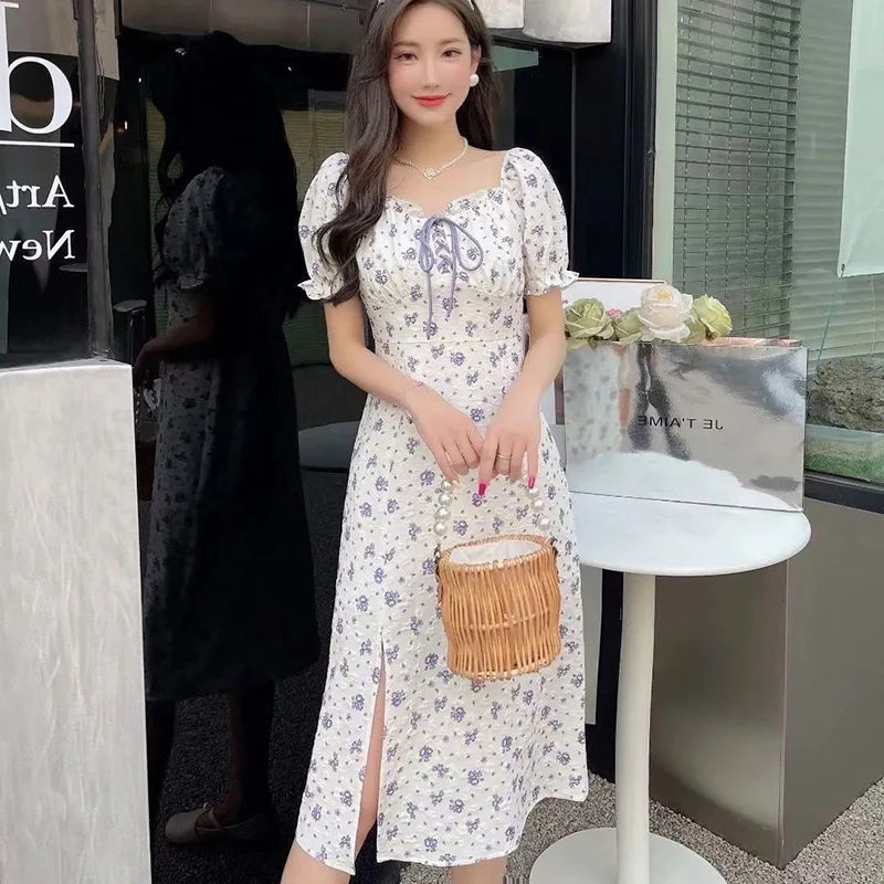 

Sweet Printing Lace Up Bow Folds Slit Puff Sleeve Floral Dress Female Clothing 2024 Summer New Loose All-match Princess Dress