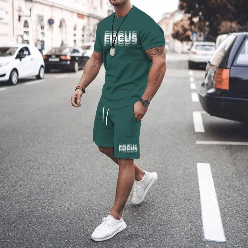 Plus Size Men's Casual Graphic 2Pcs Outfits Fashion Letter Print Short-Sleeve T-Shirt Shorts Set for Summer Men's T-Shirt Set 3