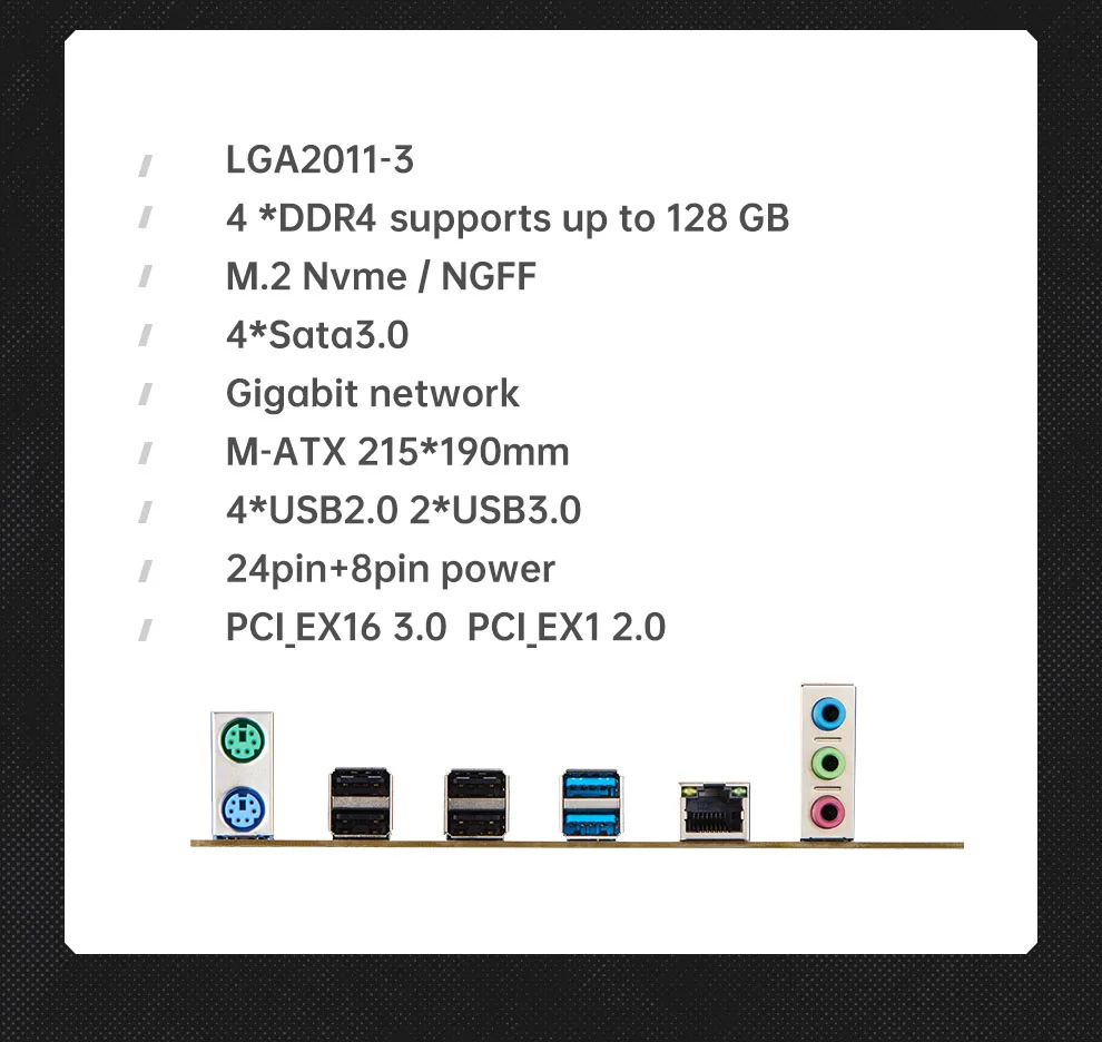 Description Picture 4 of itemQIYIDA X99 Motherboard set LGA 2011-3 Xeon E5 2680 V4 CPU DDR4 8GBx2PCS=16GB NVME NGFF M.2 SATA3.0 USB3.0 X99 C612chip