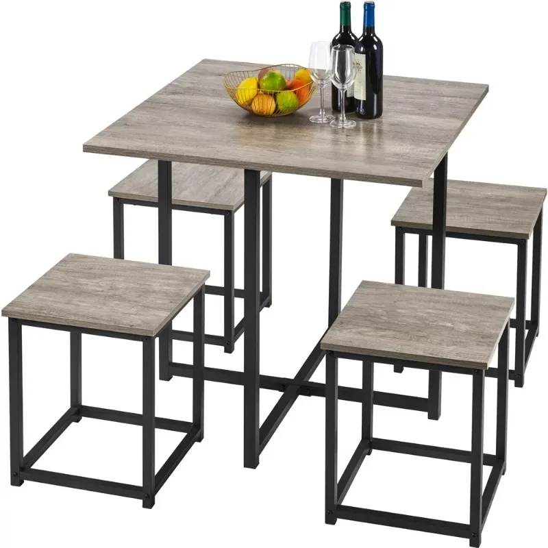 

Dining Room Sets Easyfashion 5Pcs Dining Set with Industrial Square Table and 4 Backless Chairs, Gray Kitchen