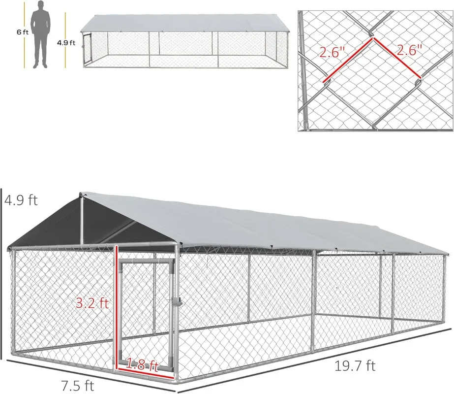 Large Dog Kennel Outside Heavy Duty Dog Cage with Waterproof Cover Outdoor Fence Run with Galvanized Chain Link