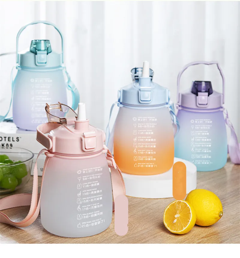 Plastic Water Bottle1.3L With Time Marker Strap Straw Leak Proof Cup Portable Fitness Gym Camping Outdoor Sports Bottle Bpa Free