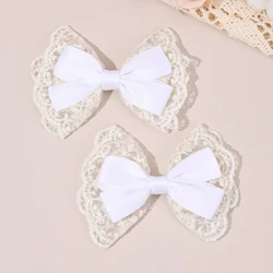 Elegant Sweet Pink Bow Hair Clips with Lace Flower Embroidery - Stylish Hair Accessories (White)