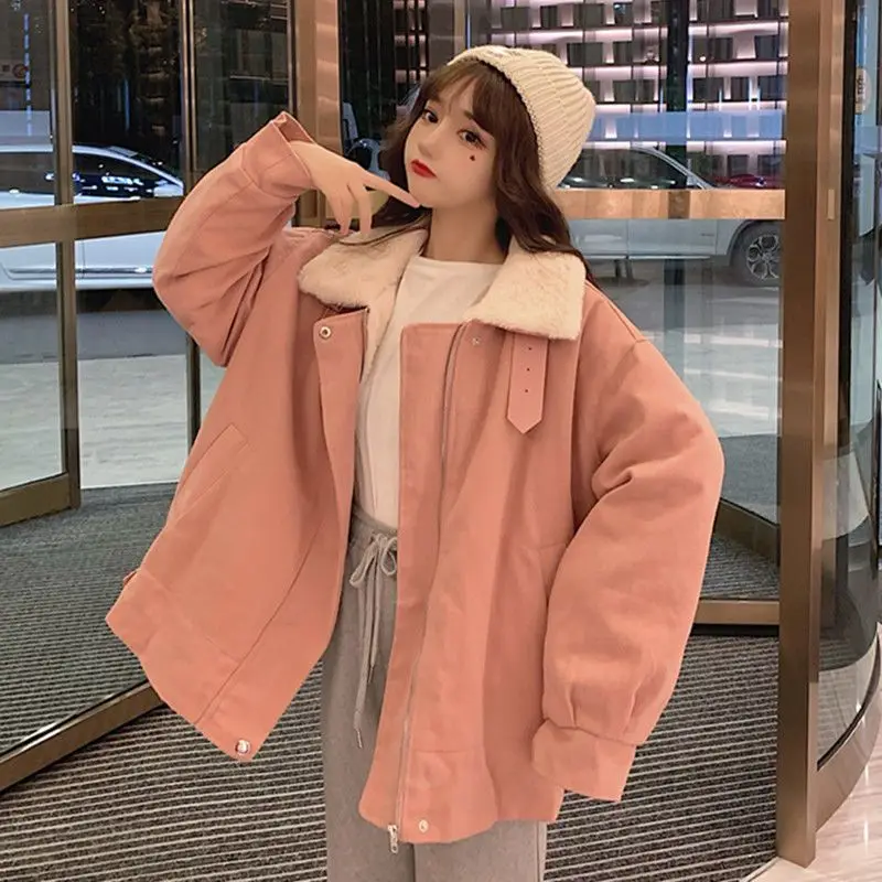 Korean Fashion Retro Jacket 2023 Winter New Cotton Dress Lamb Fleece Women's Solid Color Plush Thickened Loose Coat Trend