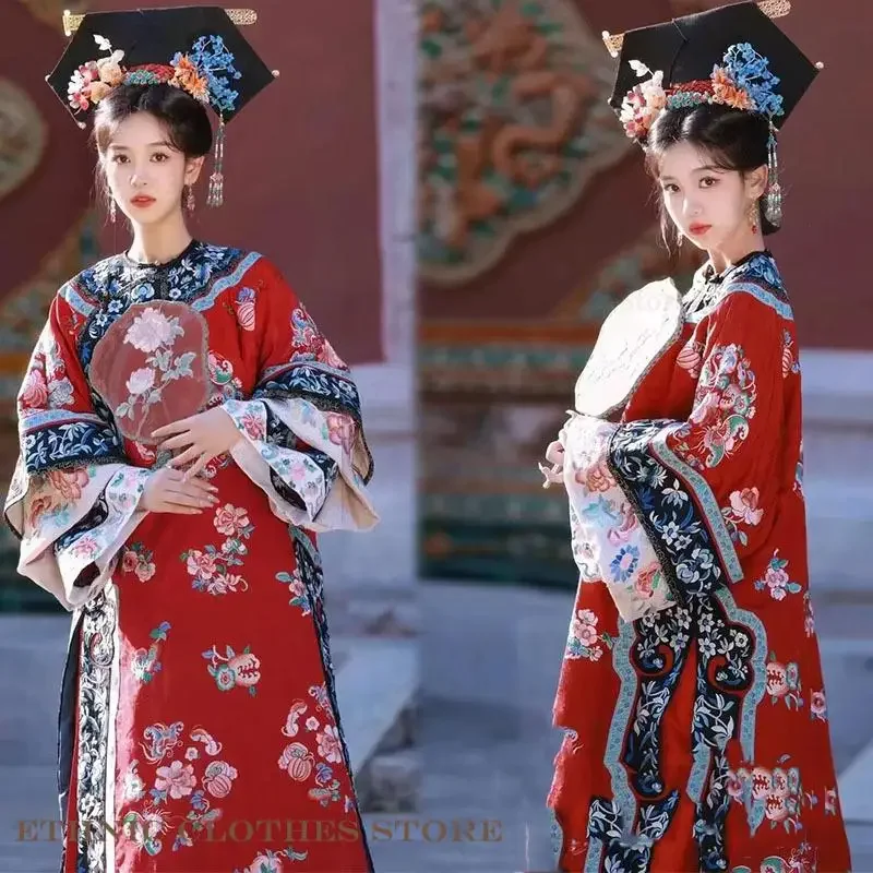Chinese Hanfu Qipao Qing Dynasty Princess Gege Cheongsam Dress Printed Fower Ancient Clothes Folk Dance Dress Cosplay Costume