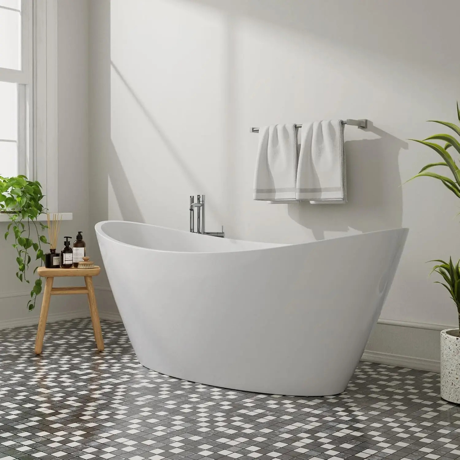 67 Inch Acrylic Freestanding Bathtub Contemporary Soaking Tub with Brushed Nickel Overflow and Drain Glossy White