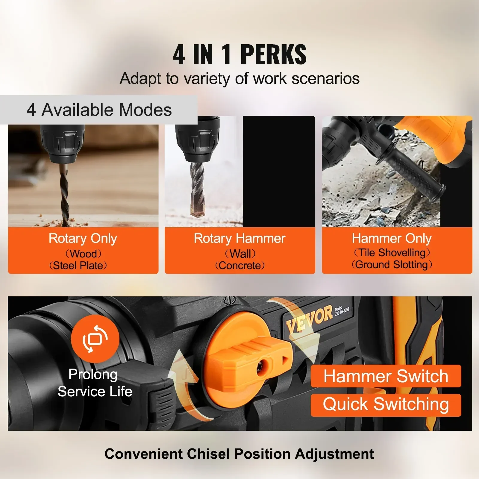 VEVOR Rotary Hammer Drill  1500W Max Drilling 32mm 4 Modes SDS-Plus Corded Demolition Chipping Metal Concrete Breaker Jackhammer 2