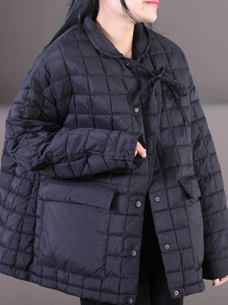 

FMFSSOM Winter Women Jacket 90% White Duck Down Coat Covered Button Fashion Plaid Turn-down Collar Warm Drawstring Snow out wear