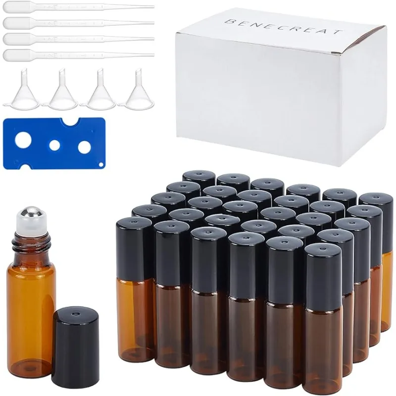 30 Pack 5ml Amber Glass Essential Oils Roller Bottles with Stainless Steel Roller Balls 10Pcs 3ml Droppers 4Pcs Funnels