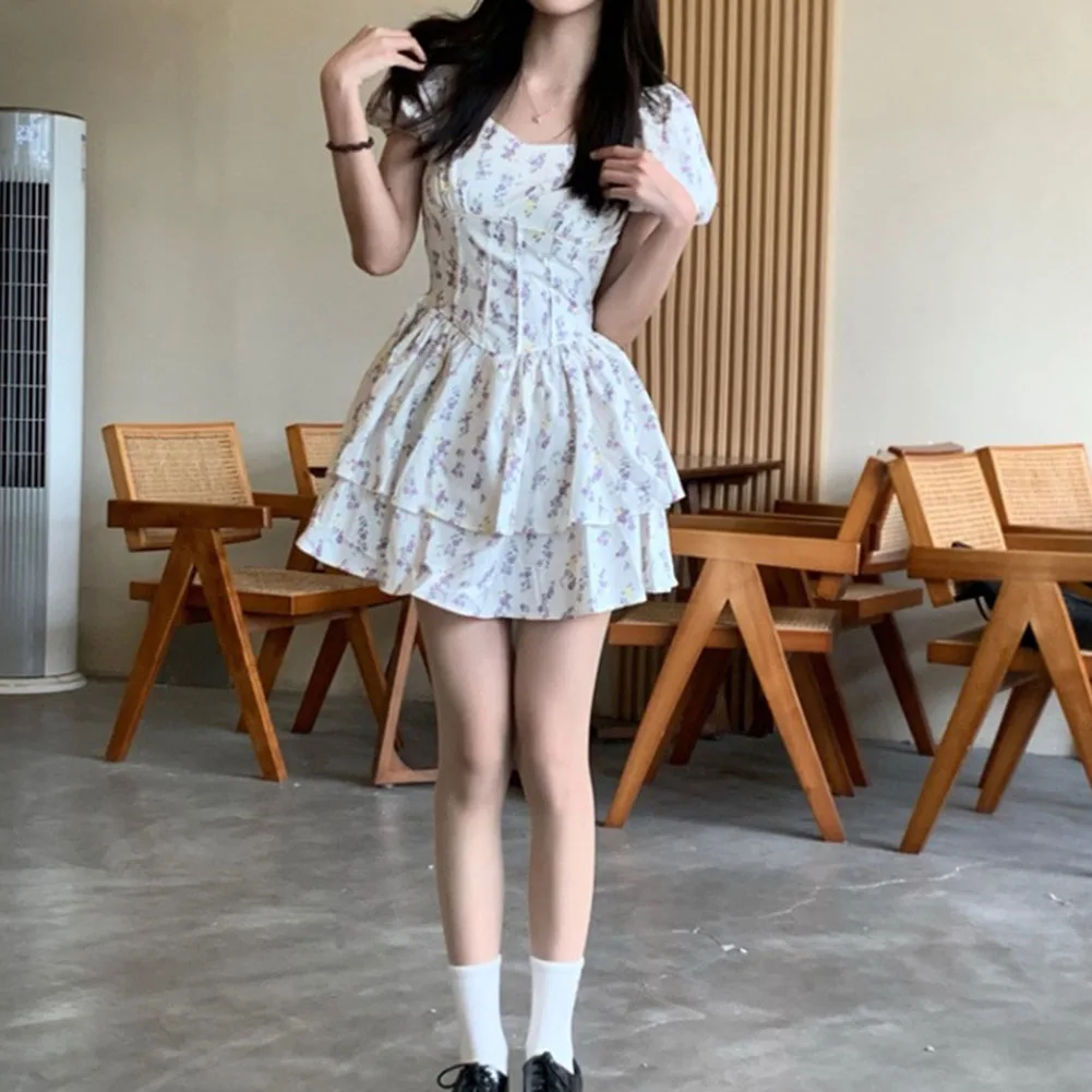 

Women Elegant Beige Floral Print Short Sleeve High Waist A-line Mini Dress New Summer Sexy Square V Neck Party Pleated Dress New