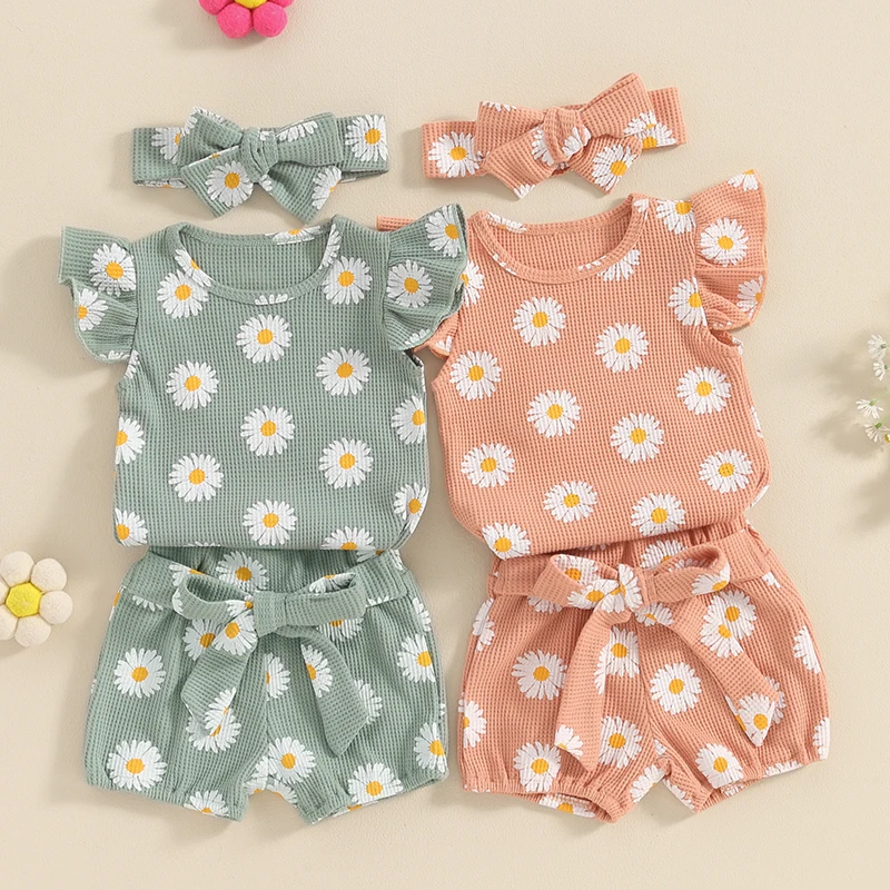 

Lioraitiin Summer Newborn Baby Girls Outfit Daisy Print Fly Sleeve Romper + Tie Front Shorts + Headband Clothes Set