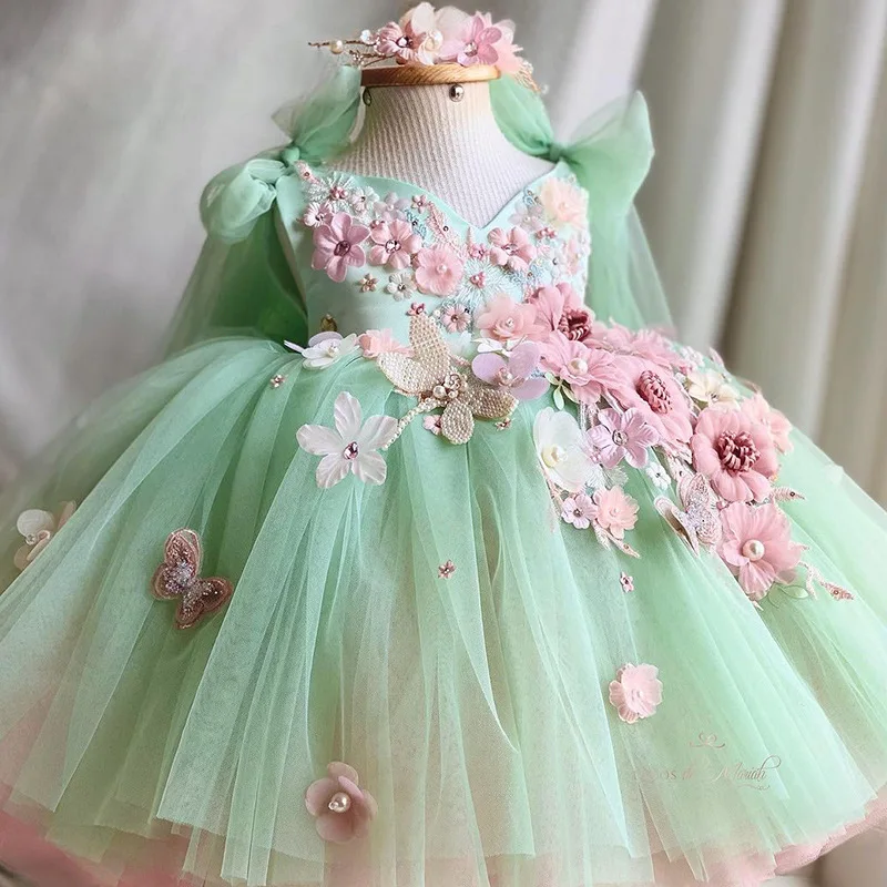 

Girl's Princess Lolita Dress 2024 New Embroidered Flower Pearl Strap Fluffy Dress Carnival Birthday Party Performance Clothing