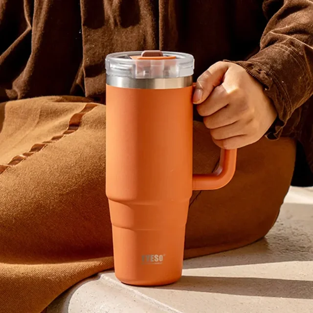 Tyeso 900/1200ML Tumbler Bottle Stainless Steel Car Mug With Handle Straw Thermal Iced Travel Vacuum Insulated Coffee Hot Cup 4