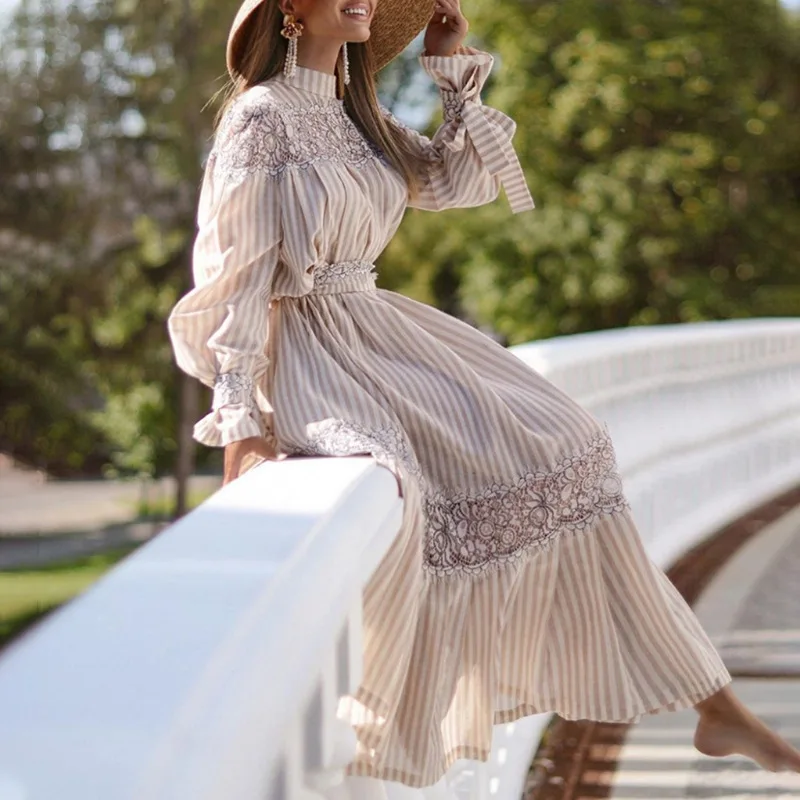 

Australian fashion Long Dress For Women Lace Patchwork Ruffles stitching Print striped Ball Gown Dresses