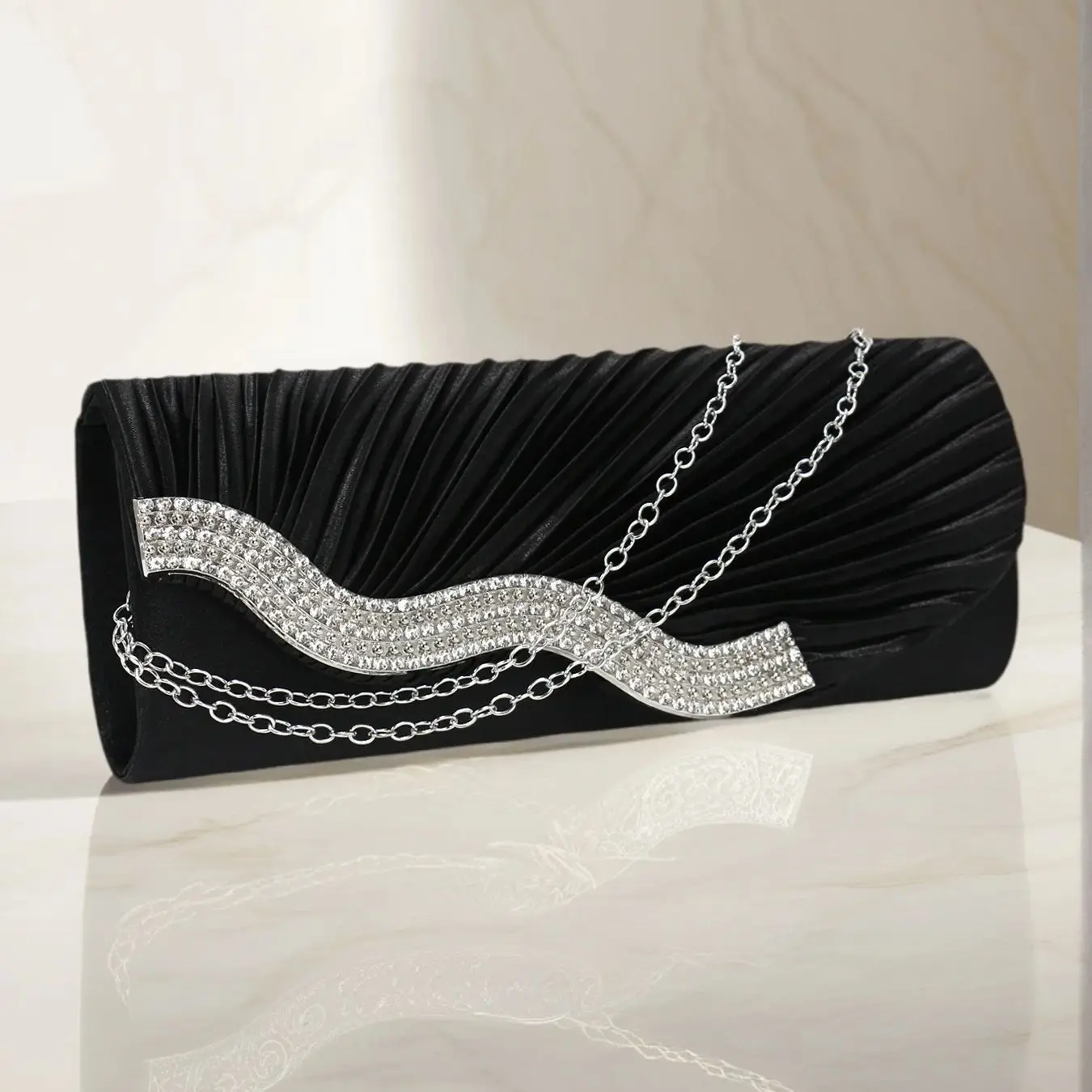 Glitter Women Evening Handbags Ruched Rhinestones Envelope Design Purse