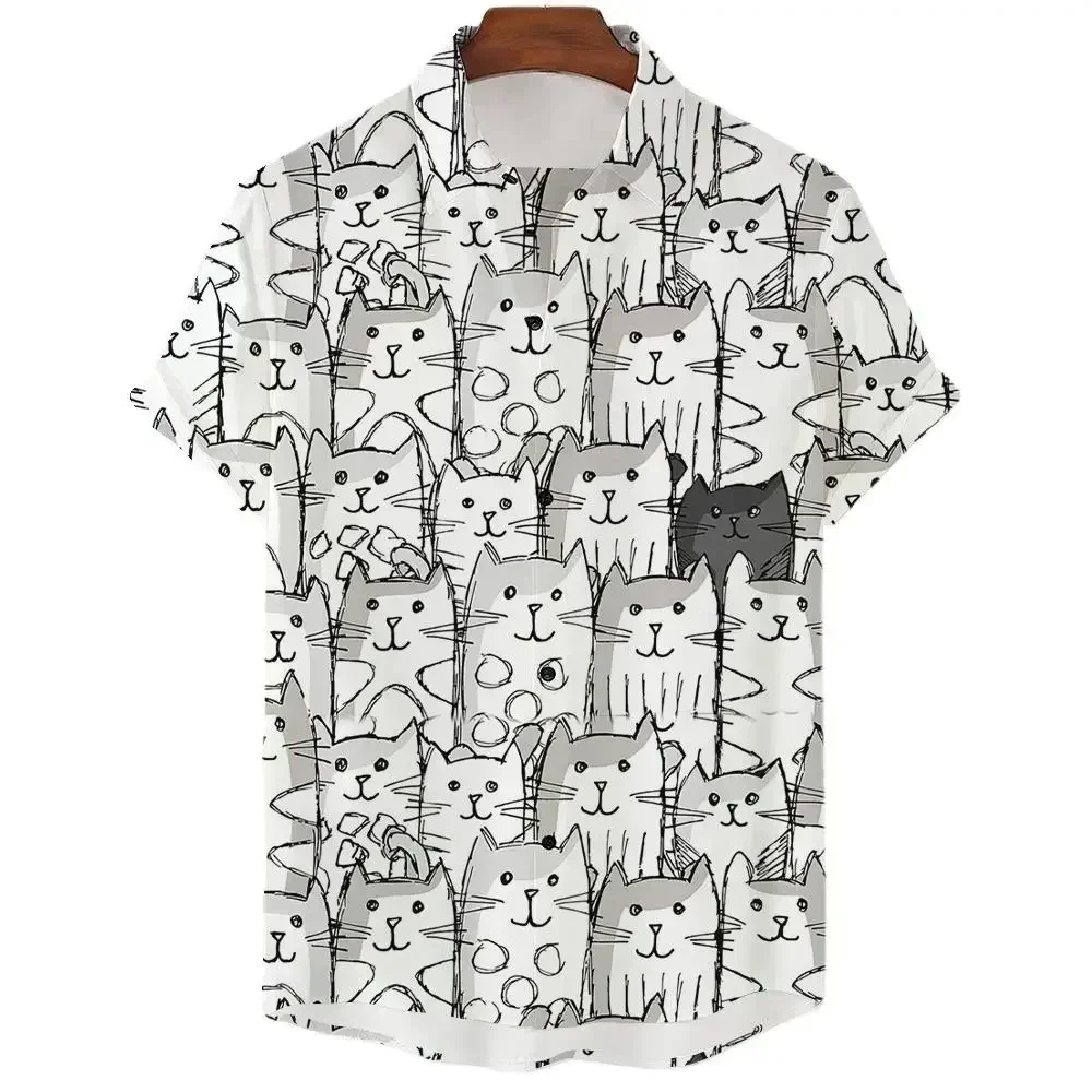 

Men's Shirt Black white Cute Cat 3D Print Men's Clothing Oversized Summer Casual Hawaii Beach Hawaiian Harajuku Holiday Shirt