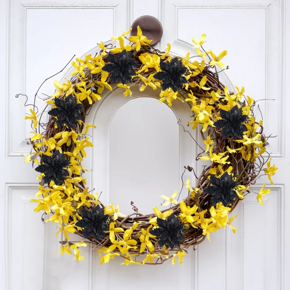 Glitter Artificial Christmas Flowers 12PCS 14cm with Clips Xmas Tree Ornaments for Home New Year Gifts Navidad