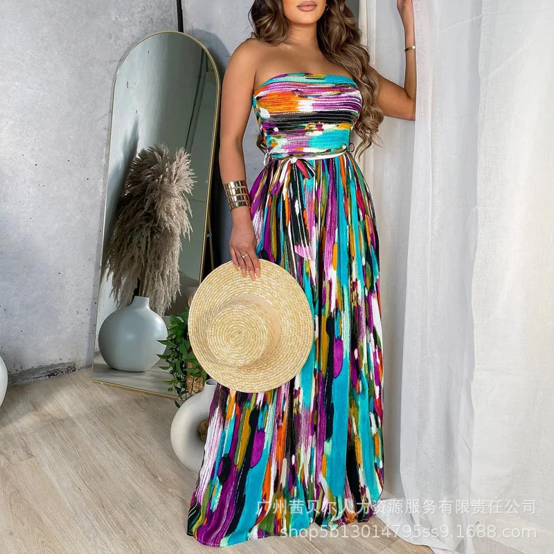 

2023 New Women's Dress Summer Autumn Sexy Print Strapless One-Shoulder Backless Dress Women's Sleeveless Tied High Waist Dress