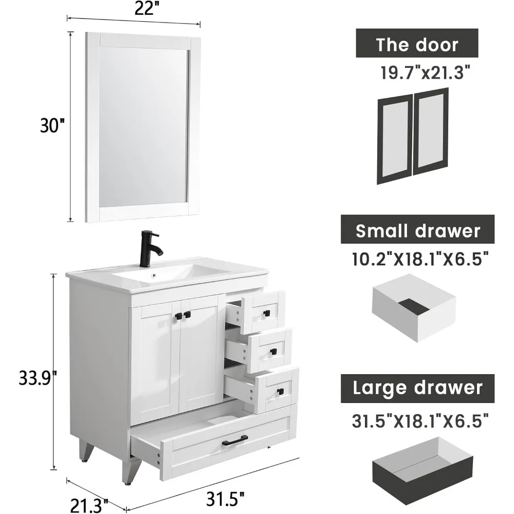 30" Bathroom Vanity Cabinet with Sink Combo Set, Undermount Ceramic Sink, Matte Black Faucet, High-Definition Mirror 2