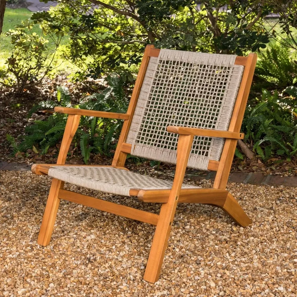 Natural Stain Outdoor Chair Acacia Wood Construction Hand Woven Seat Comfortable Reclining Armchair Patio Garden Backyard Deck