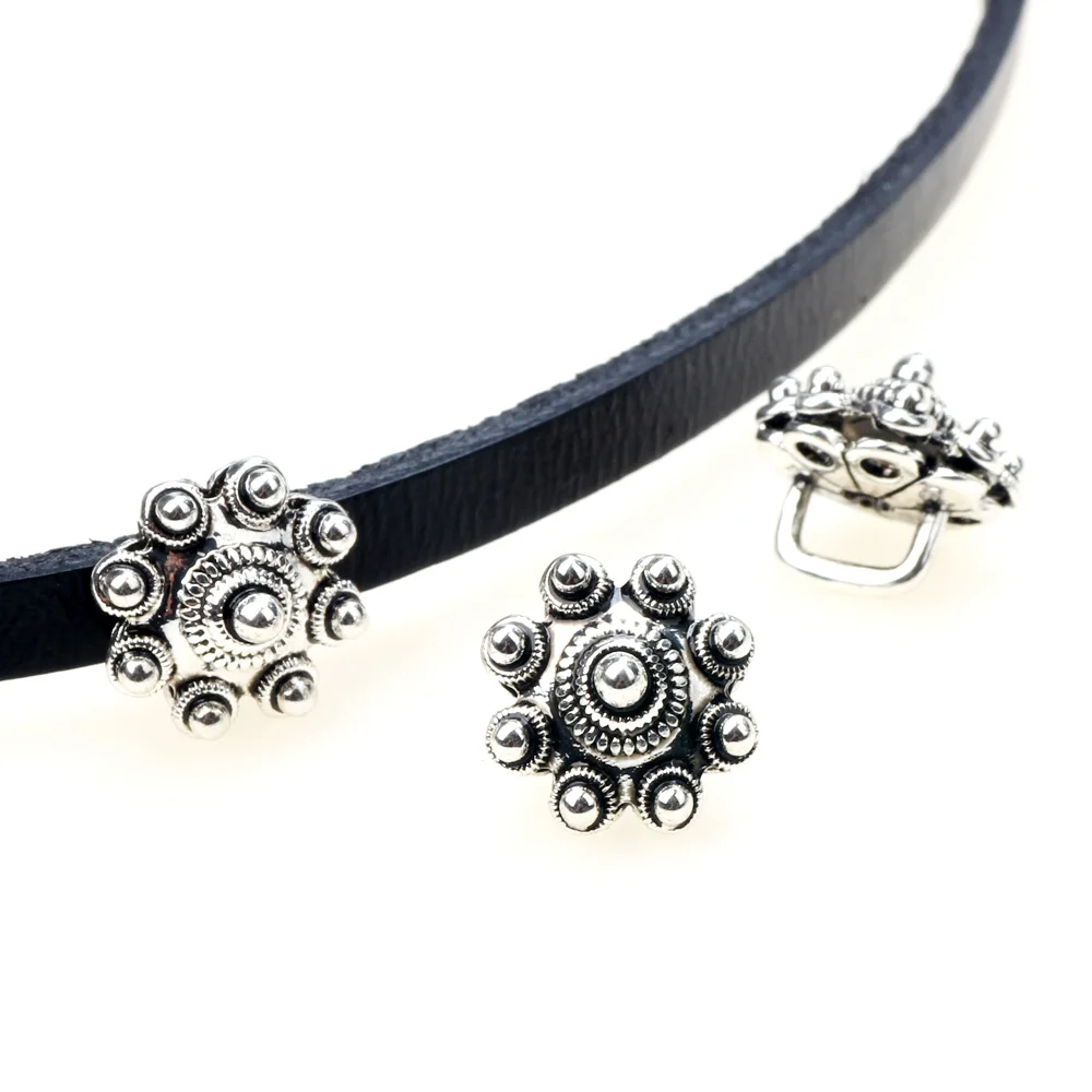 

12MM 12pcs/Lot Silver Zinc Alloy Flower Shape Slider Gasket Suitable For 5*2mm Flat Leather Rope DIY Jewelry