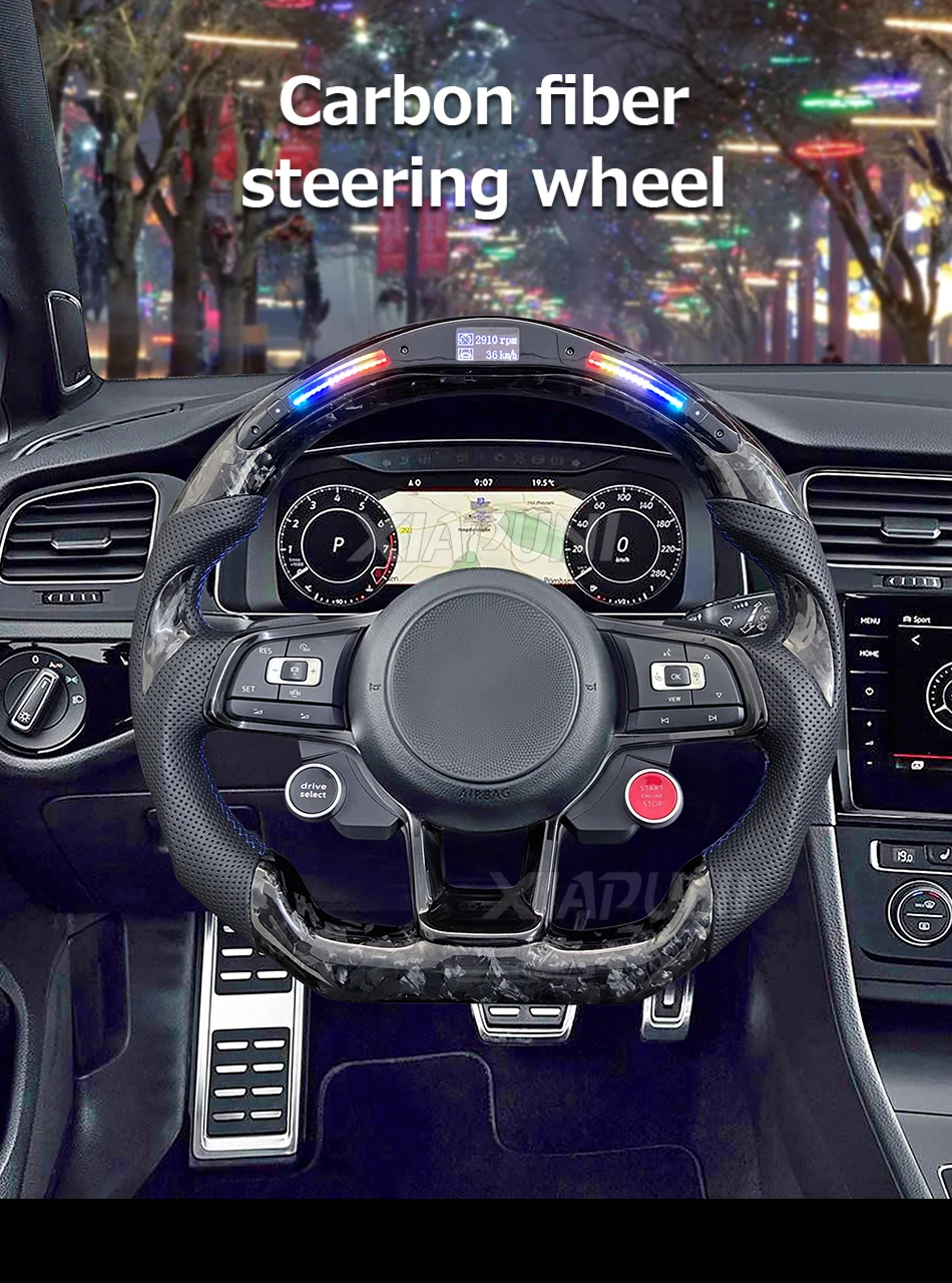 For VW Steering Wheel Golf 7 MK7 Mk7.5 GTI Scirocco Polo GTS R Line 2014-2017 Forge Carbon Fiber Customized LED RPM Racing Wheel - - Racext 17