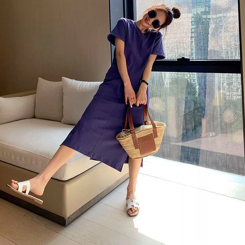 Casual Backless T Shirt Dress Summer New Round Neck Short Sleeve Solid  Color Loose Midi Dress Fashion Trend Women Clothing - AliExpress
