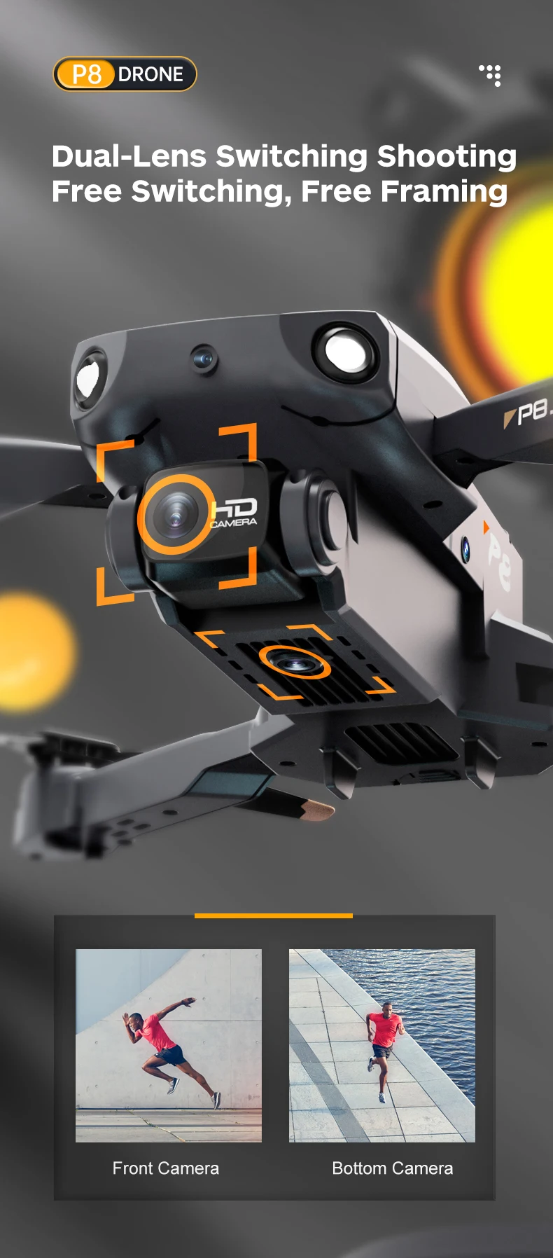 KBDFA P8 Drone, drone dual-lens switching shooting free switching; free fram