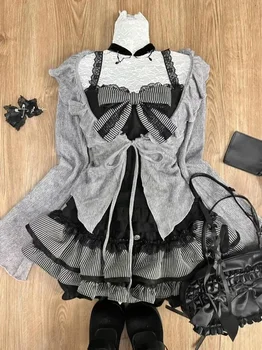 Sweet Lolita Early Autumn Three Piece Set Lace up Ruffles Cardigan Sexy Slim Fit Strapless Vest Tops High Waist Ruched Skirts 1