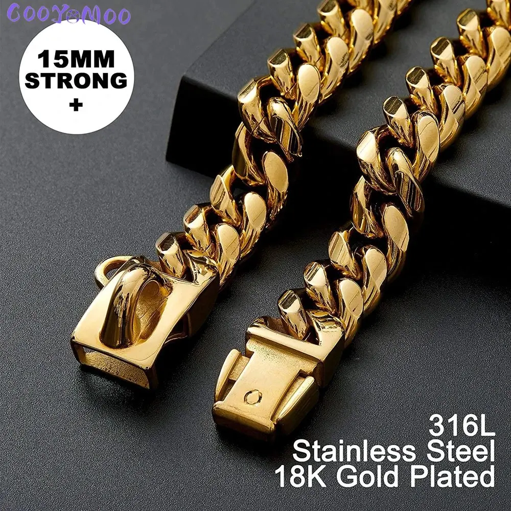 14MM Cuban Link Chain Stainless Steel Dog Necklace Gold Dog Collar Safety Buckle Training Collar Dogs Walking