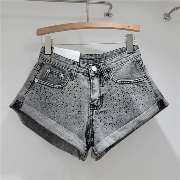 Retro Rhinestone Denim Shorts Women 2024 Summer Fashion New A- Line Wide Leg Short Pants Ultra Short Booty Shorts for Hot Girls
