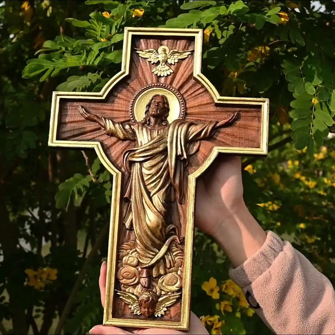 イエス・キリストの木の十字架、イエス像、壁の装飾、カトリック