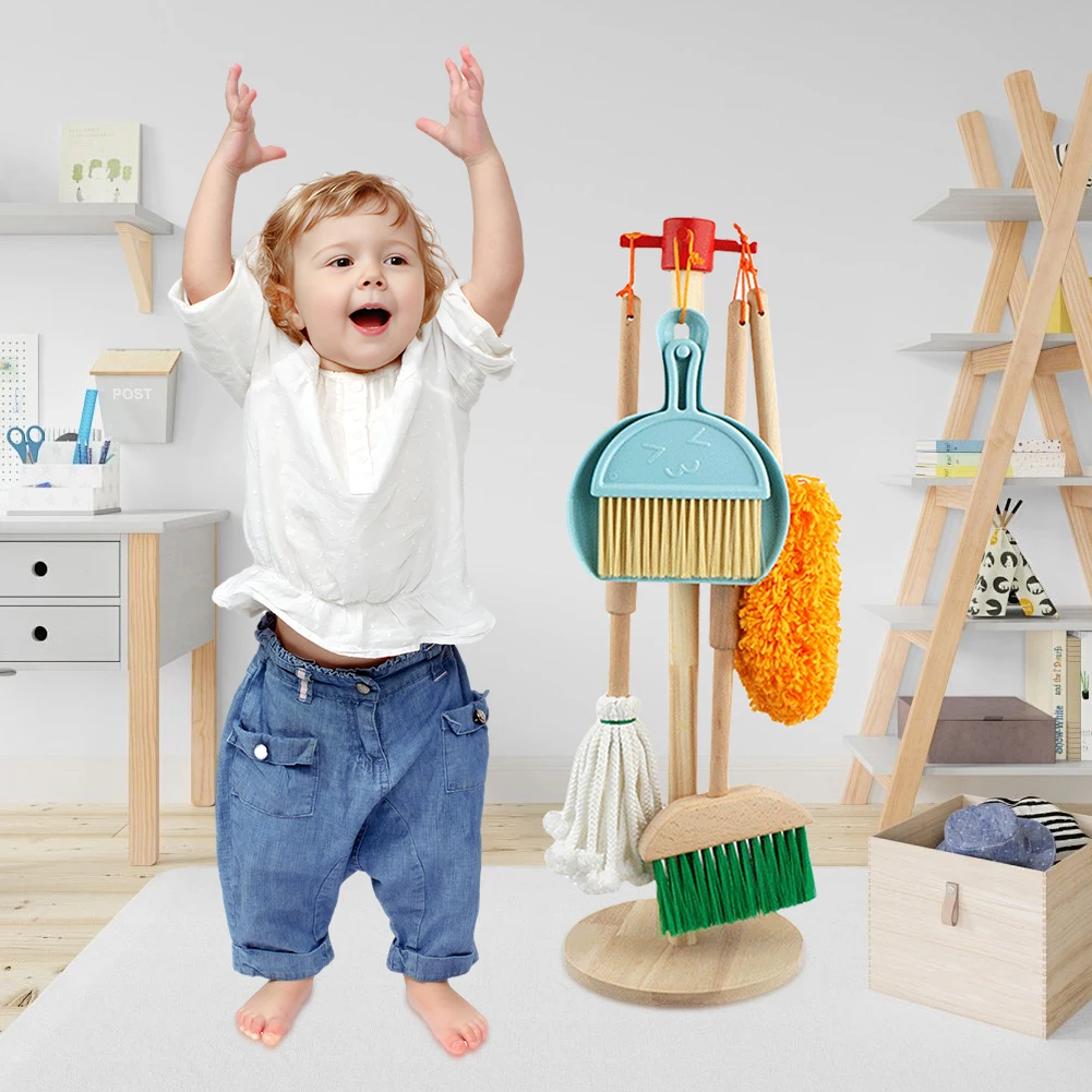Wooden Montessori Cleaning Toys with Kids Broom and Mop Set Housework Pretend Play Toy Kids Cleaning Toy Set for Toddlers