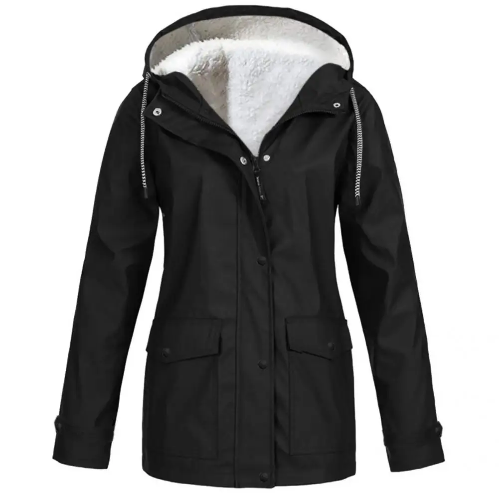 

Sporty Rain Jacket Women Women Hiking Hoodie Plush Lining Plush Lining Drawstring Pockets Jacket Coat Zipper