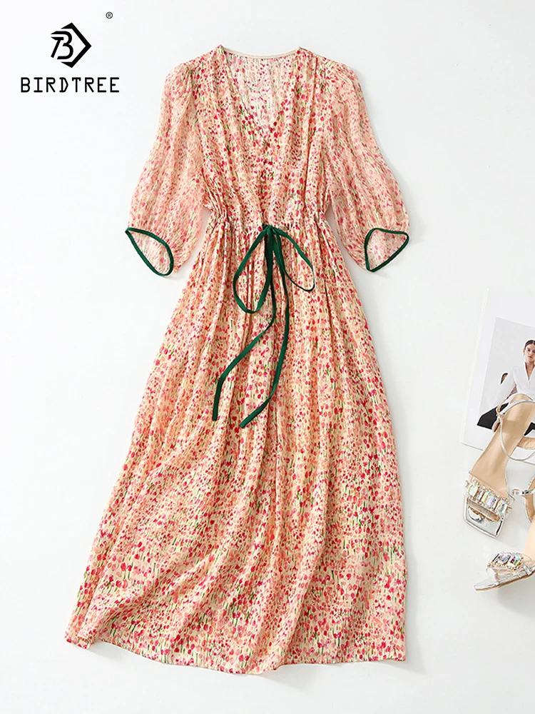 

Birdtree 100%Mulberry Silk Women's Long Dress 2023 Summer V-neck Elegant Fashion Half Sleeve Floral Print A-line Dress D38128QC