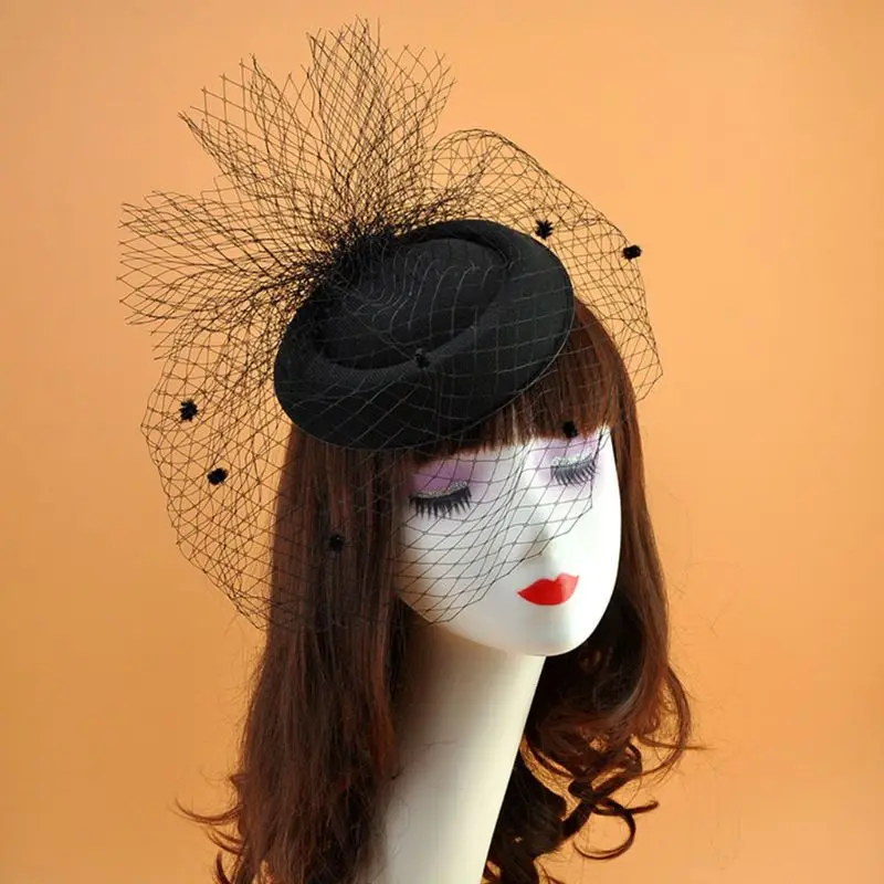 Womens Felt Fascinator Hat Mesh Veil Small Plush Point Decor Hair Clips Wedding Bridal Cocktail Headwear