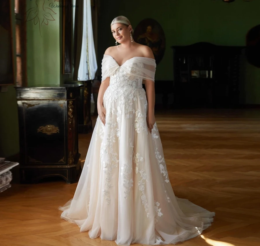 

Elegant Off Shoulder Wedding Dresses Plus Size Sweetheart Neck Bride Gowns Appliques Floor Length A-Line Tulle Vestido De Noiva
