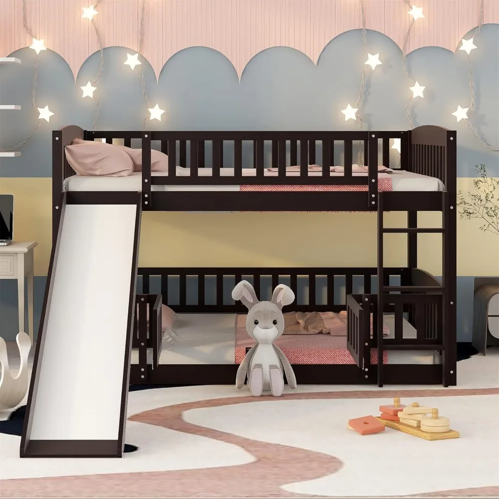 Full Over Full Low Bunk Bed with Slide and Fence Railings Wood Floor Bunk Beds with Ladder for Toddler Kids Boys Girls, Espresso 2
